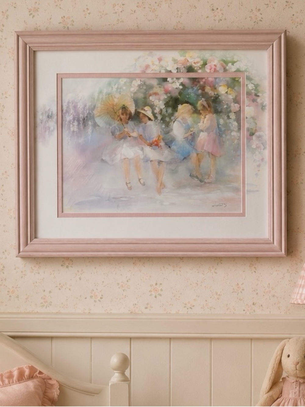 Vintage Framed Watercolor Print – Children in the Garden | 13” x 11”
